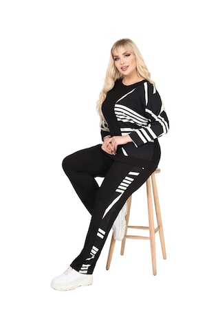 Melsay Butik Siyah Truvakar Kol Yarım Çizgi Garnili Viskon Büyük Beden Takım Siyah