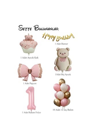Retro 1 Yaş Ayıcık Temalı Kız Bebek Konsept Doğum Günü Seti Pembe