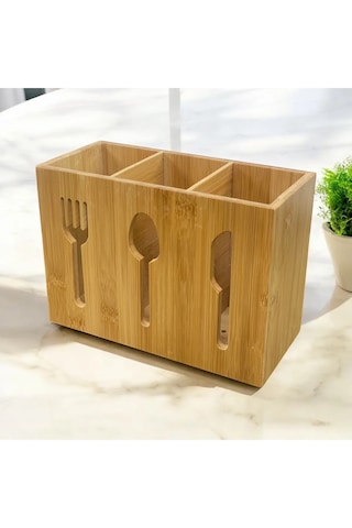 Bambu 3 Bölmeli Kaşıklık Tezgah Üstü Organizer Çatal Kaşık Bıçak