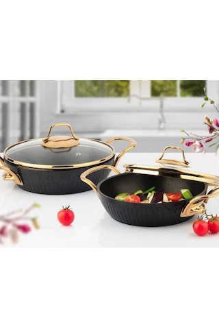 Lines Maya Granit Desenli 4 Parça Sahan Set Altın Kulp Siyah