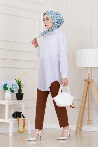 Sevitli Göğüsü Taş Detaylı Oversize Tunik-beyaz-5229 Beyaz
