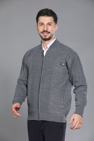 Kzc Tekstil Erkek Baba Ve Orta Yaş Triko Çelik Örgü İçi Astarlı Akrilik Fermuarlı Cepli Battal Baba Hırka Gri