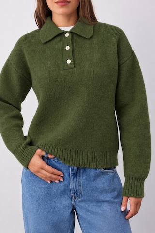 Maison Velora Kadın Haki Basic Oversize Polo Yaka Yarım Pat Düğmeli Triko Kazak-27aj002 Haki 923050279 Haki