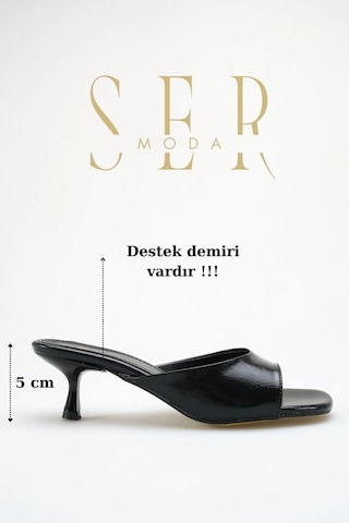 Sermoda Topuklu Kadın Terlik - 5 Cm İnce Topuklu Küt Burun Kadın Terlik Siyah Yanki