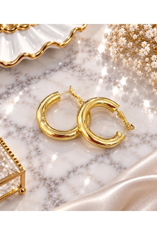 Premium Parlak Ve Şık Gold Renk Dokulu Bombeli Küçük Boy 316l Çelik Halka Kadın Küpe Altın