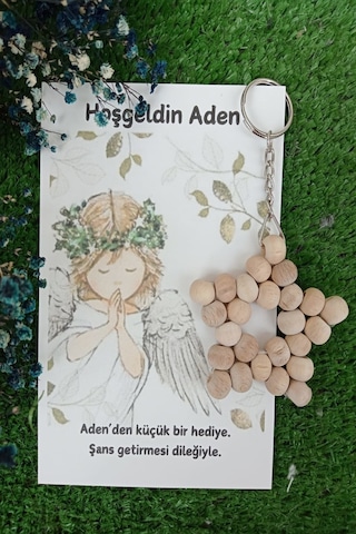10 Adet Melek Kartlı Ahşap Yıldız Anahtarlık - Bebek Hediyesi -