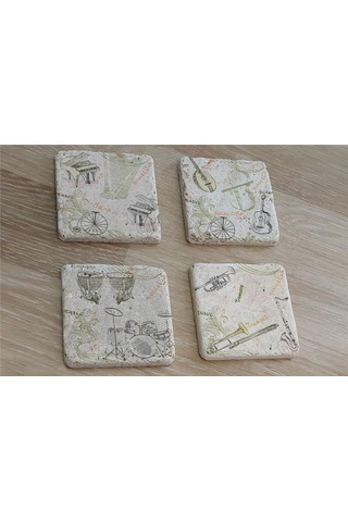Müzik Aletleri Doğal Taş Bardak Altlığı 4'lü Set - Natural Stone Coasters-174249 Beyaz
