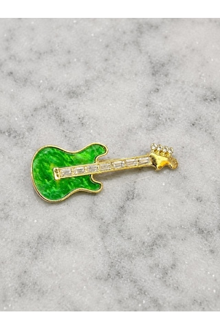 Yeşil Gitar Figürlü Mine Detaylı Baget Kristal Taşlı Altın Renk Kadın Broş Altın - Yeşil