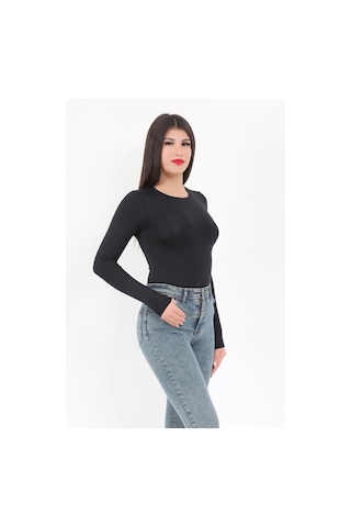 Giysa Kadın Siyah Bisiklet Yaka Uzun Kollu Esnek Çıtçıtlı Body Zıbın - 2439 Siyah