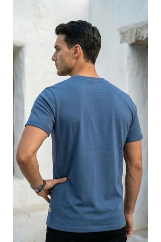Plus Scorpion T02 Kol Katlama Erkek Slim Fit Basic Tişört Bisiklet Yaka, Düz Kumaş, Yazlık Model İndigo