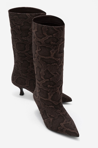 Luvishoes Luvi Shoes Crow Kahverengi Desenli Sivri Burunlu Kadın Topuklu Kısa Çizme Kahverengi