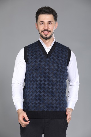 Kzc Tekstil Erkek Baba Ve Orta Yaş Desenli Akrilik Kalın Dokulu V Yaka Triko Süveter Lacivert