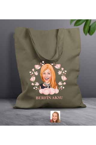 Bk Gift Kişiye Özel Anneler Günü Karikatürlü Haki Kumaş Bez Çanta, Baskılı Omuz Çantası, Alışveriş Çantası, Anneye Hediye-3 Haki