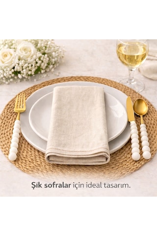 6 Adet Gold İnci Detaylı Yemek Çatalı Beyaz - Altın