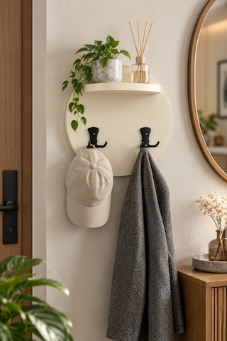 Sulorahome Krem Bej Yuvarlak Duvar Askılığı Ve Mini Raf Açık Bej