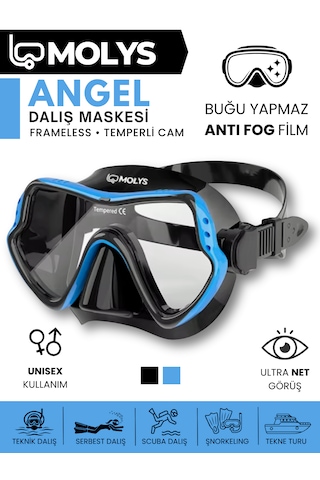 Molys Angel Dalış Maskesi + Antı Fog Buğu Önleyici Film + Pro Full Dry Tam Kuru Şnorkel + Maske Koruma Kutusu Set Halinde Siyah - Mavi