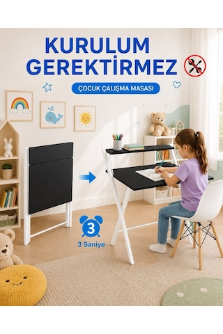 Dobo Çocuk Öğrenci Ders Masası Katlanır Çalışma Masası Beyaz - Siyah
