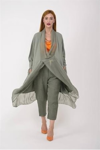 Bohem Stil Italyan Ipek Detaylı Oversize Kaftan & Bluz-8711 Açık Haki