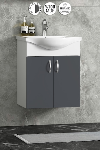 Yıldız 50 Cm Antrasit Gri Mdf Seramik Lavabolu Asma Alt Banyo Dolabı Beyaz-antrasit Gri Mat