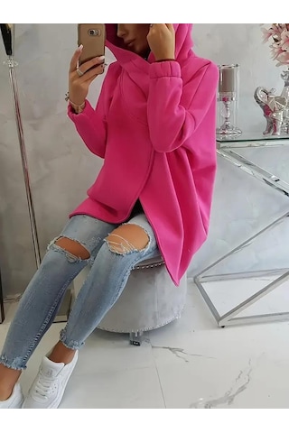 Pembe Kadın 3 İplik Şardonlu Kapüşonlu Ceket Asimetrik Fermuarlı Oversize Pembe
