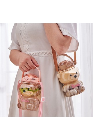 1000Ml Çocuk Taşınabilir Taşıma Su Şişesi Online Ünlü Büyük Kapasiteli Karikatür Oyuncak Ayı Plastik Su Bardağı Saman-1000Ml A Haki