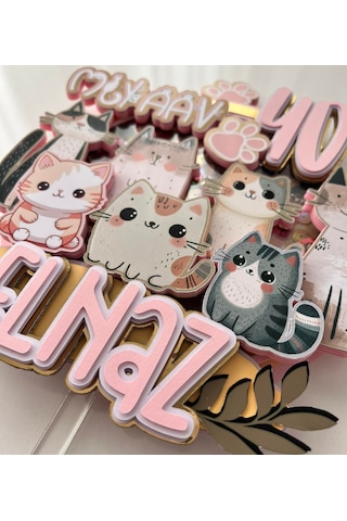 Kedi Temalı İsme Özel Kız Çocuk Doğum Günü Pasta Süsü