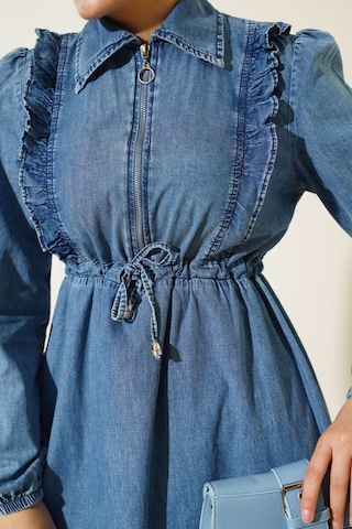 Fırfırlı Fermuarlı Balon Kol Kot Elbise Mavi