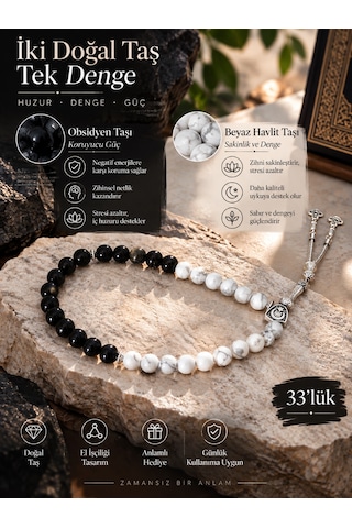 Beyaz Havlit Ve Obsidyen Taşlı 33'lü Tasarım Tesbih - Gümüş Püsküllü Beyaz - Siyah