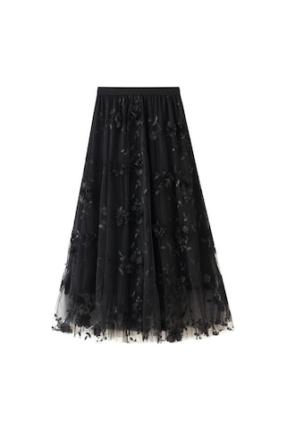 Lüks Kadın Etekler Kore Tarzı Moda Elastik Bel Aplikler Nakış Çiçek Örgü Etek Uzun Gazlı Bez Balo Etek Gri