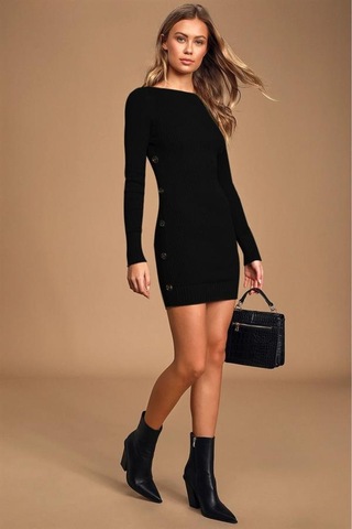 Aqe Fashion Kadın Geniş Yaka Uzun Kol Yandan Düğme Detaylı Siyah Triko Elbise Siyah