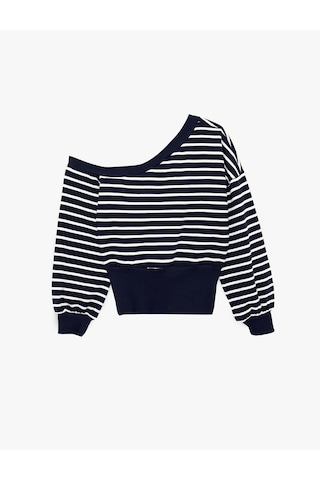 Koton Rahat Kalıp Uzun Kollu Kayık Yaka Omzu Açık Çizgili Sweatshirt Lacivert Çizgili 6sal10522ık Lacivert Çizgili