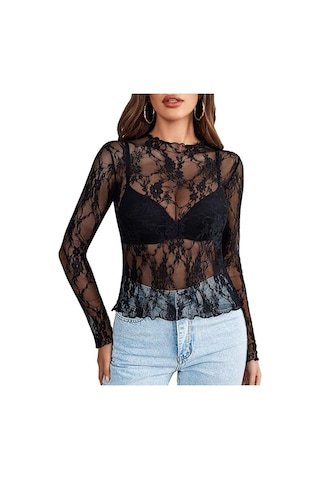Kadın File Üst Uzun Kollu Balıkçı Yaka Şeffaf Bluz Şeffaf Çiçek Dantel Üstler Siyah