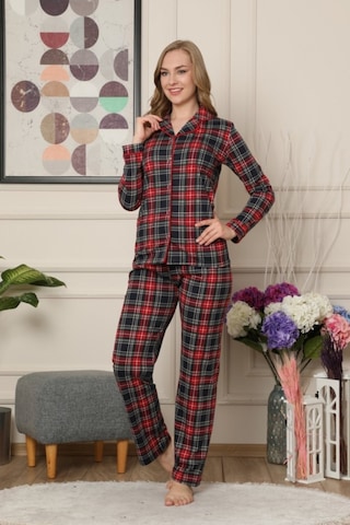 Farya Home Dreamy Ekoseli Pamuklu Biyeli Uzun Kollu Gömlek Pijama Takımı Siyah Kırmızı Siyah - Bordo