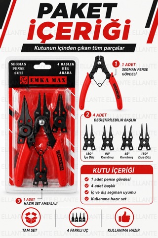 4 Başlıklı Segman Pense Seti İç & Dış Segman Uyumlu Değiştirilebilir Uçlu Profesyonel Karbon Çel