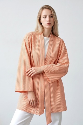 Saade Sââde Kadın Dikey Çizgili Geniş Kollu Şık Yazlık Relaxed Kimono Turuncu