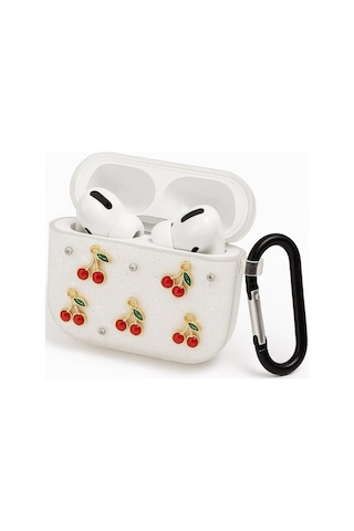Airpods 3. Nesil İle Uyumlu Glitter Silikon Kılıf Şeffaf Simli Koruyucu Kiraz Deseniyle Askı Aparatı Dahil Çanta K Çok Renkli