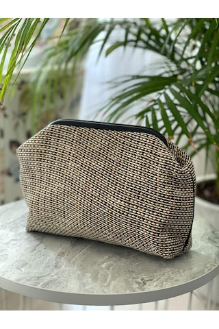 Muz Lifi Dokuma Siyah Deri Detaylı El Çantası Siyah