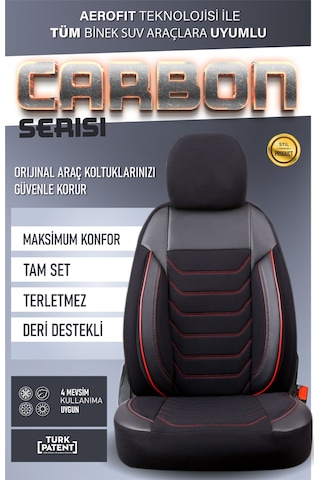 Renault Megane 2 Station Wagon Uyumlu Lüx Deri Detaylı Oto Koltuk Kılıfı Ön Arka Takım Carbon Siyah Kırmızı