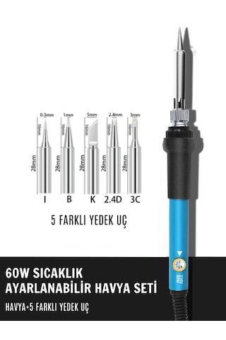 ST-60 Model Profesyonel 60W Isı Ayarlı Havya + 5 Kaliteli Yedek Uç