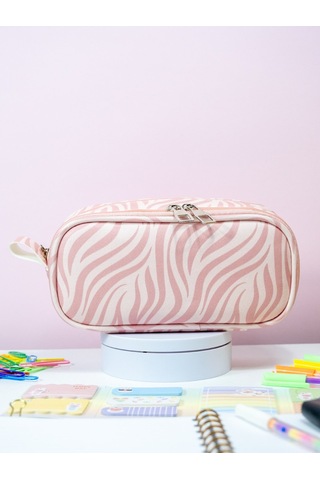 Kalem Kutusu Oval Tasarım İki Bölmeli Zebra Pembe Temalı Vegan Deri Kalemlik Onesize