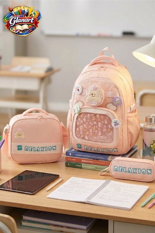 Su Geçirmez 4 Bölmeli İlk Öğretim Çantası Termoslu Beslenme + Kalemlik Set Relaxi Pudra