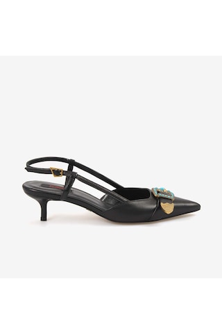 Rouge Kadın Taşlı Toka Detaylı Slingback Sivri Burun 6cm Topuklu Ayakkabı 7124 Siyah