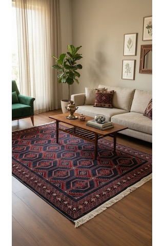 Nakış Serisi Lacivert Kırmızı Geometrik Motifli Şık Salon Halısı Sultan Halı Çok Renkli