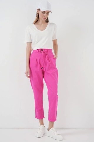 Defymoda 6660 Kemerli Keten Pantolon - Fuşya Fuşya
