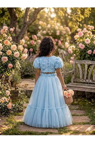 Star Kids Fashion Kız Çoçuk Mavi Gül Detaylı Crop Elbise,kız Çoçuk Abiye, Parti Elbisesi Açık Mavi