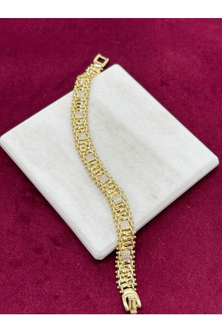 Silver Kare Taşlı Gold Örme Model Bileklik Gold