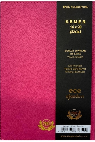 Ece Ajandası Kemer 2025 14x20 Günlük Ajanda Çizgili Koyu Pembe Siyah