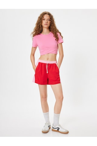 Koton Oversize Spor Şort Yüksek Bel Biyeli Beli Bağcıklı Renk Bloklu Cepli Kırmızı 4sak40057nw Kırmızı