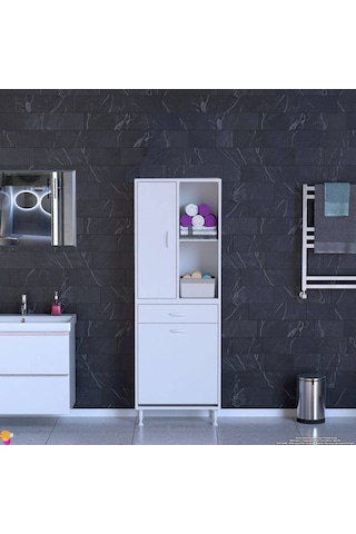 Modilayn Afra 65x173x32,5cm 1 Çekmece, 1 Göz Sepet, 1 Kapak, 4 Raf Dar Alan Banyo Dolabı Beyaz