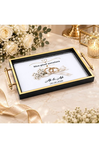 Bk Gift Kişiye Özel Siyah&gold Söz Nişan Tepsisi-3 - 39x23 Cm Çok Renkli